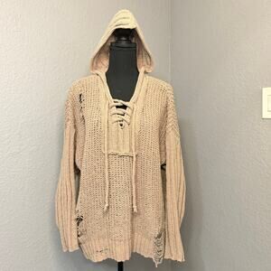 BKE Chenille Destructed Open Weave Brown Hooded Sweater Sz Large